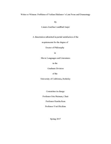Writer Or Witness: Problems of Varlam Shalamov's Late Prose and Dramaturgy