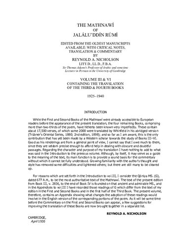 The Mathnawi of Jalalud'Din Rumi: Containing the Commentary of the First to Sixth Books of the Mathnawi with Indices v. 3-4