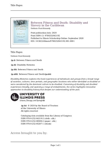 Between Fitness and Death: Disability and Slavery in the Caribbean