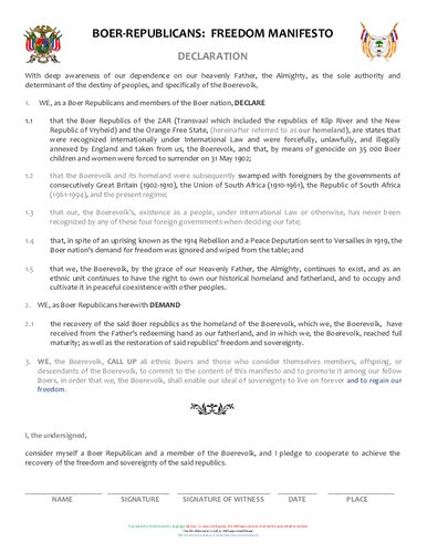 Boer Freedom Manifesto