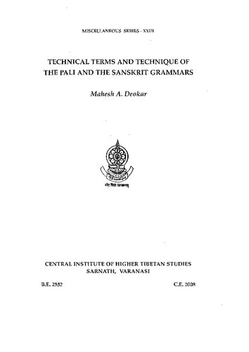 Technical Terms and Technique of the Pali and the Sanskrit Grammars