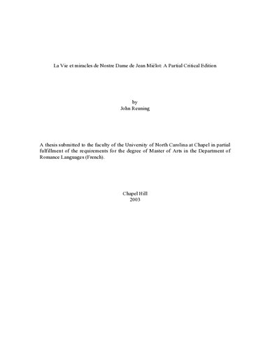 La Vie et miracles de Nostre Dame de Jean Miélot: A Partial Critical Edition