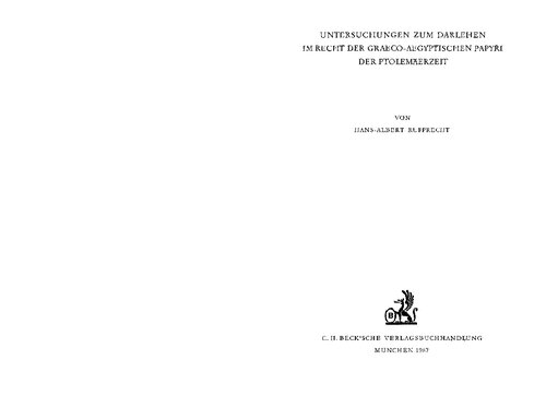 Untersuchungen zum Darlehen im Recht der graeco-aegyptischen Papyri der Ptolemäerzeit