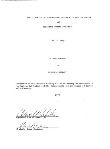 [Dissertation] The Economics of Agricultural Research in British Punjab and Pakistani Punjab 1905-1975