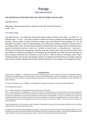 LES DISTRIBUTIONS ALIMENTAIRES DANS LES CITÉS DE L'EMPIRE ROMAIN TARDIF