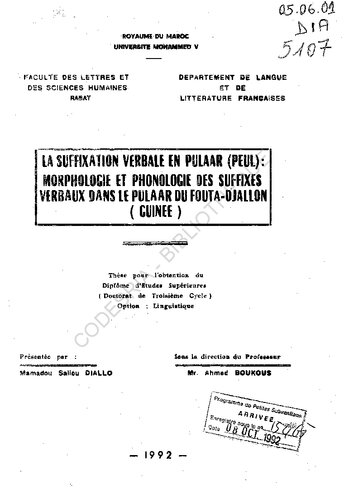 La suffixation verbale en pulaar (peul): morphologie et phonologie des suffixes verbaux dans le pulaar du Fouta-Djallon (Guinee)
