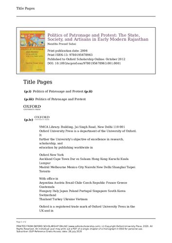 Politics of Patronage and Protest: The State, Society, and Artisans in Early Modern Rajasthan