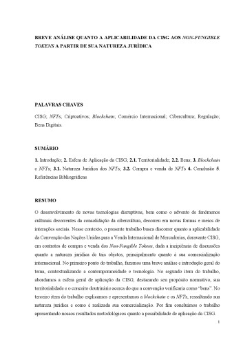 BREVE ANÁLISE QUANTO A APLICABILIDADE DA CISG AOS NON-FUNGIBLE TOKENS A PARTIR DE SUA NATUREZA JURÍDICA