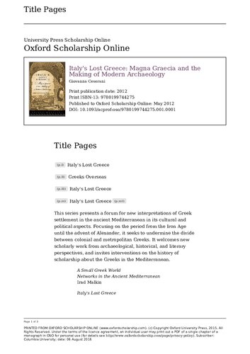 Italy's Lost Greece: Magna Graecia and the Making of Modern Archaeology