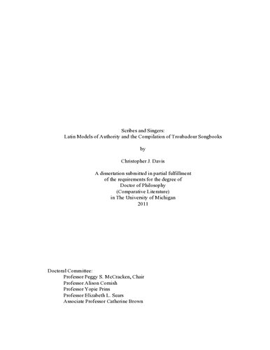 Scribes and Singers: Latin Models of Authority and the Compilation of Troubadour Songbooks