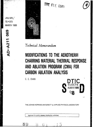 Modifications to the Aerotherm Charring Material Thermal Response and Ablation Program (CMA) for Carbon Ablation Analysis
