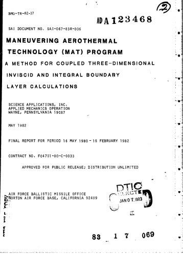 Maneuvering Aerothermal Technology (MAT) Program. A Method for Coupled Three-Dimensional Inviscid and Integral Boundary Layer Calculations