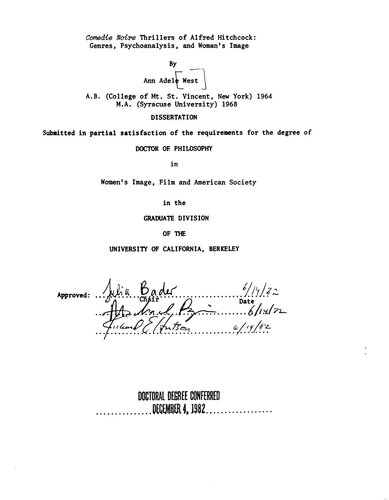 Comedie Noire Thrillers of Alfred Hitchcock: Genres, Psychoanalysis, and Woman's Image