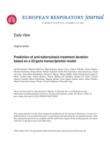 European Respiratory Journal  Prediction of anti-tuberculosis treatment duration based on a 22-gene transcriptomic model