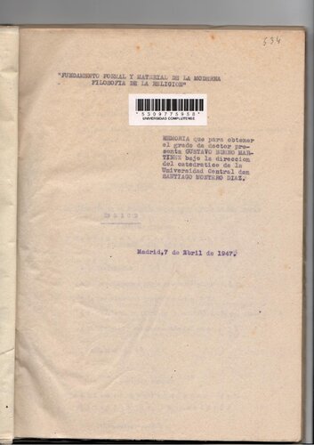 Tesis doctoral de Gustavo Bueno Martínez: Fundamento formal y material de la Moderna Filosofía de la Religión (1947)