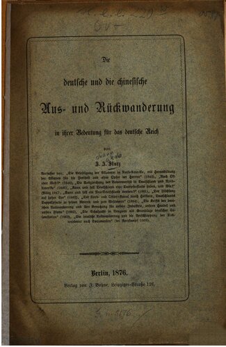 Die deutsche und die chinesische Aus- und Rückwanderung in ihrer Bedeutung für das Deutsche Reich