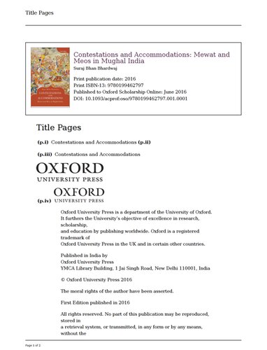 Contestations and Accommodations: Mewat and Meos in Mughal India