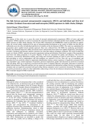International Journal of Multidisciplinary Research and Development  The link between personal entrepreneurial competencies (PECS) and individual and firm level variables: Evidence from micro and small enterprise [MSES] operators in Addis Ababa, Ethiopia