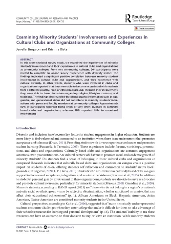 Examining Minority Students’ Involvements and Experiences in Cultural Clubs and Organizations at Community Colleges