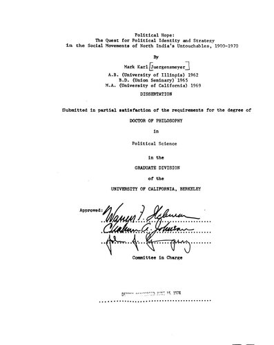 Political Hope: The Quest for Political Identity and Strategy in the Social Movements of North India's Untouchables, 1900-1970