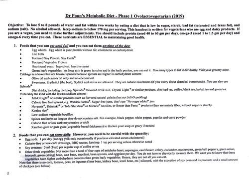 Dr Poon's Metabolic Diet- Phase 1 Ovolactovegetarian (2019)