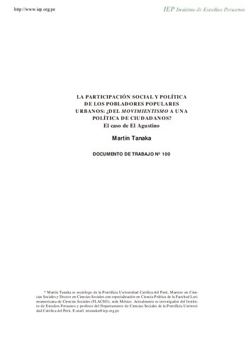 La participación social y política de los pobladores populares urbanos: ¿del movimiento a una política de ciudadanos? El caso de El Agustino