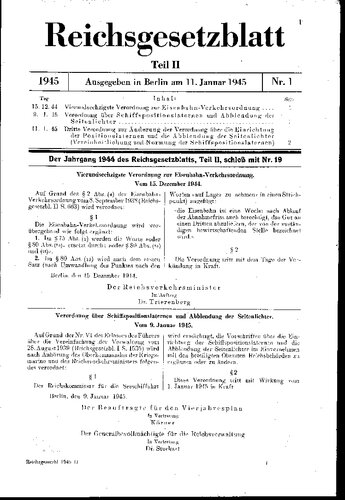 Reichsgesetzblatt - 1945 Nr. 1 - Teil II - Ausgegeben in Berlin am 11. Januar (18 S., Scan)