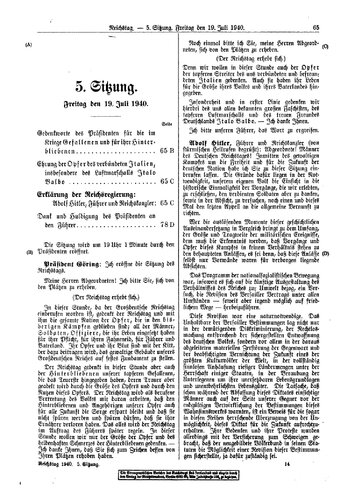 Reichstagssitzung - 1940 - 19. Juli (15 S., Scan, Fraktur)