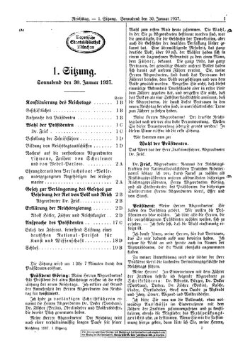 Reichstagssitzung - 1937 - 30. Januar (19 S., Scan, Fraktur)