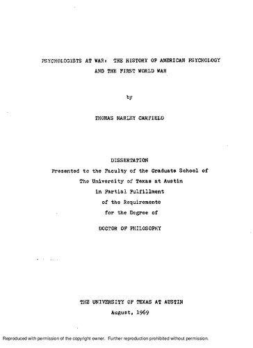 [Dissertation] Psychologists at War: The History of American Psychology and the First World War