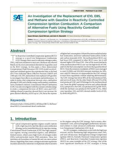 An Investigation of the Replacement of E10, E85, and Methane with Gasoline in Reactivity Controlled Compression Ignition Combustion: A Comparison of Alternative Fuels Using Reactivity Controlled Compression Ignition Strategy