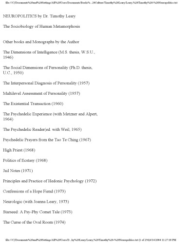 Neuropolitics: The Sociobiology of Human Metamorphosis
