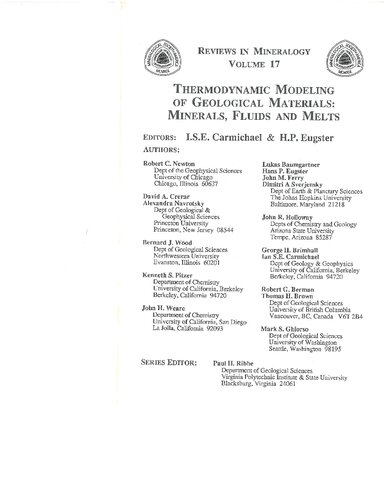Thermodynamic Modeling of Geological Materials - Minerals, Fluids and Melts