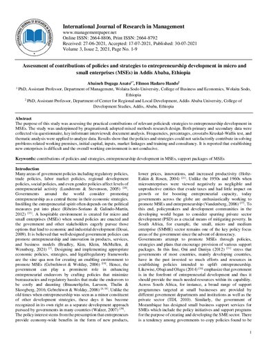 Assessment of contributions of policies and strategies to entrepreneurship development in micro and small enterprises (MSEs) in Addis Ababa, Ethiopia