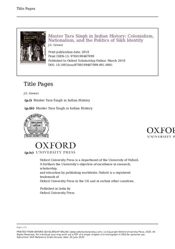 Master Tara Singh in Indian History: Colonialism, Nationalism, and the Politics of Sikh Identity