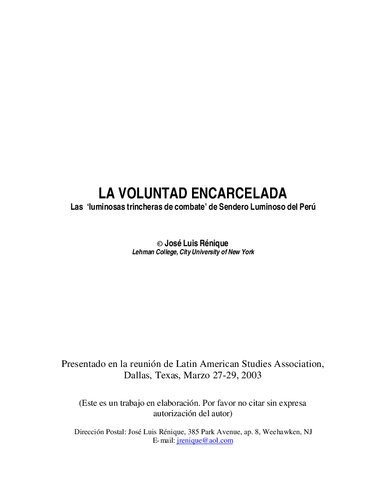 La voluntad encarcelada. Las 'luminosas trincheras de combate' de Sendero Luminoso del Perú