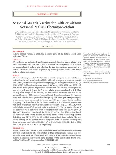NEJM  Seasonal Malaria Vaccination with or without Seasonal Malaria Chemoprevention