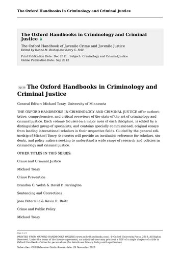 The Oxford Handbook of Juvenile Crime and Juvenile Justice