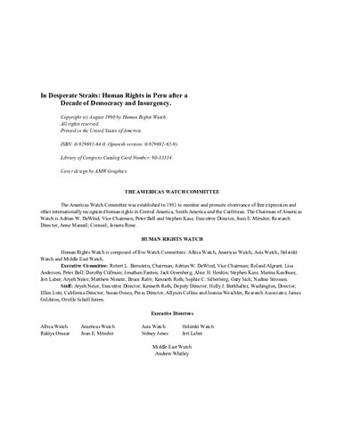 In Desperate Straits: Human Rights in Peru After a Decade of Democracy and Insurgency (An Americas Watch report)