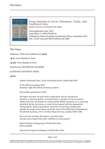 From Anatolia to Aceh: Ottomans, Turks, and Southeast Asia