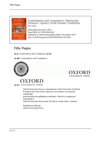 Contestation and Compliance: Retrieving Women's 'Agency' from Puranic Traditions