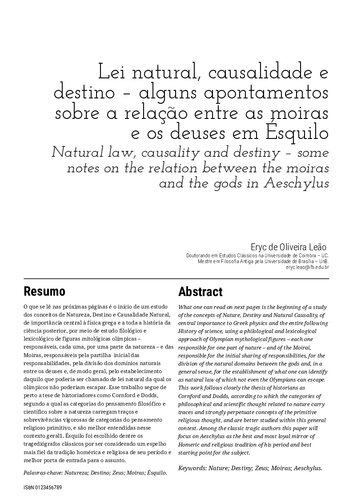Lei natural, causalidade e destino - alguns apontamentos sobre a relação entre as moiras e os deuses em Ésquilo
