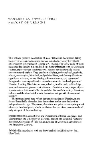 Towards an Intellectual History of Ukraine.  An Anthology of Ukrainian thought from 1710 to 1995
