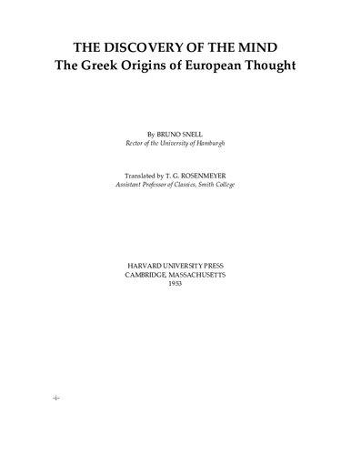 The Discovery of the Mind: The Greek Origins of European Thought
