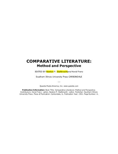 Comparative Literature: Method And Perspective