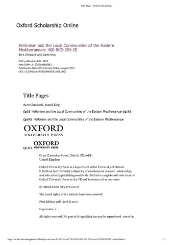 Hellenism and the Local Communities of the Eastern Mediterranean: 400 BCE-250 CE