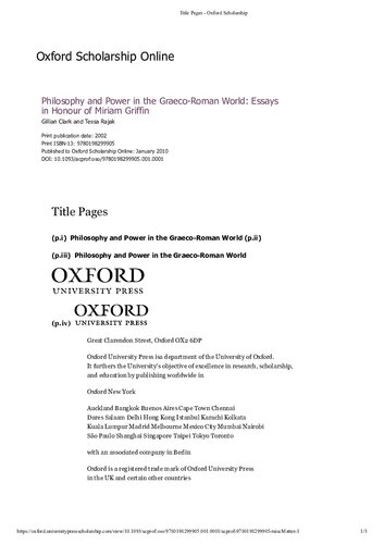 Philosophy and Power in the Graeco-Roman World: Essays in Honour of Miriam Griffin