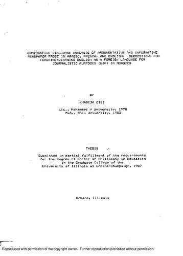 [Dissertation] Contrastive Discourse Analysis of Argumentative and Informative Newspaper Prose in Arabic, French, and English: Suggestions for Teaching/Learning English as a Foreign Language for Journalistic Purposes (EJP) in Morocco