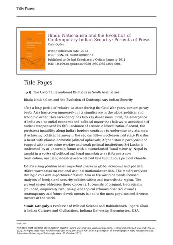 Hindu Nationalism and the Evolution of Contemporary Indian Security: Portents of Power