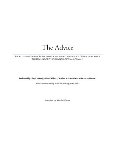 The Advice - A Caution Against Some Newly Invented Methodologies That Have Arisen Under the Banner of Salafiyyah